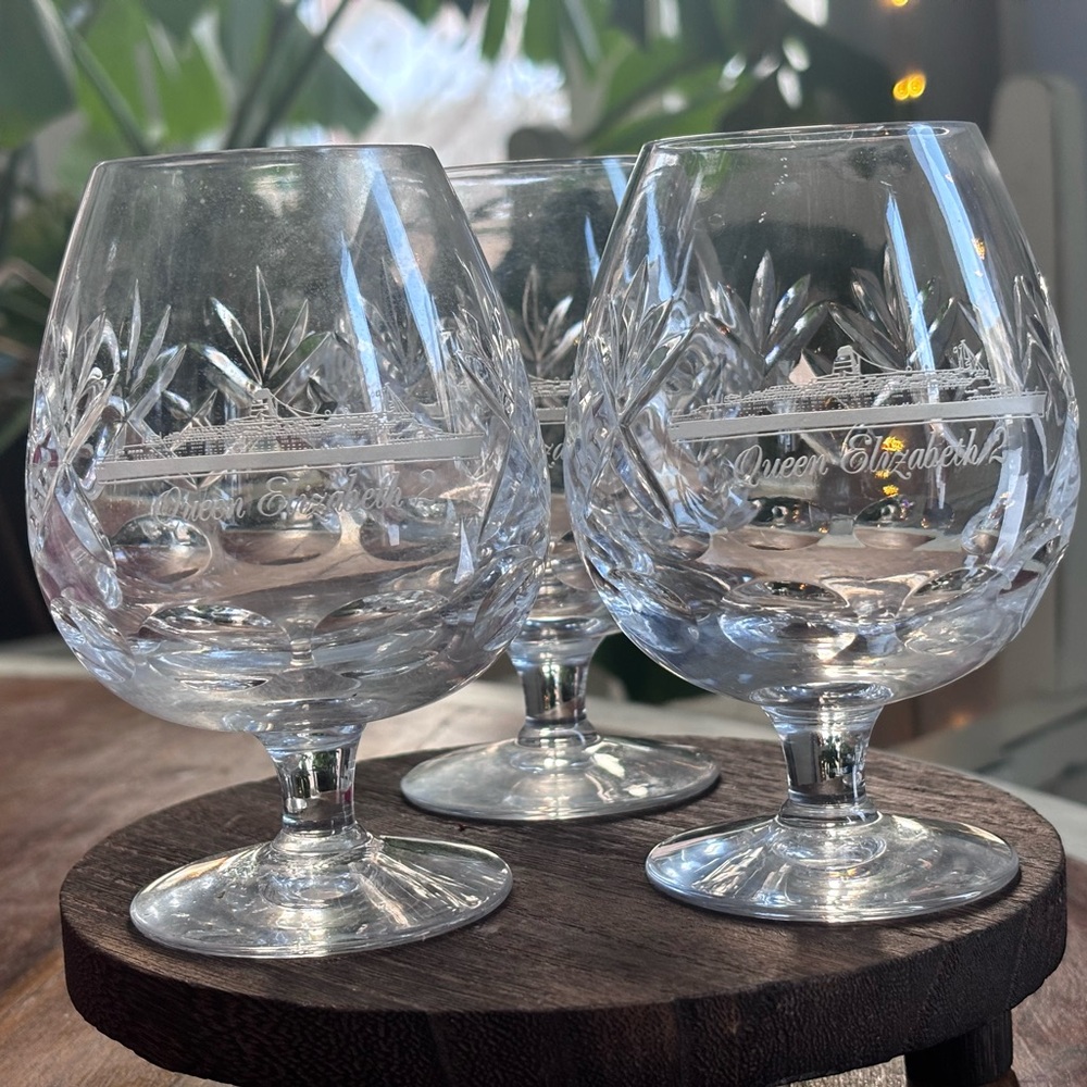 3 Royal Doulton Crystal Sherry Glasses Engraved “Queen Elizabeth 2” Ocean Liner